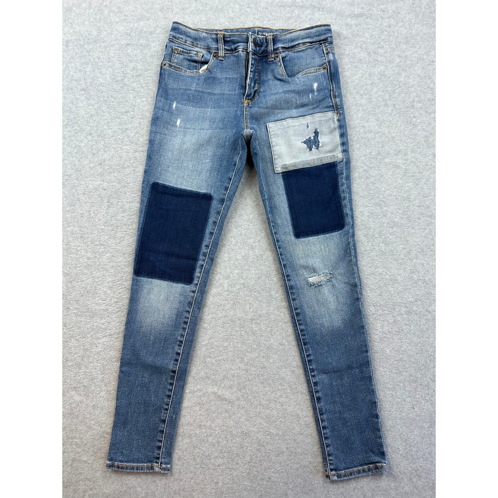 GapKids 1969 Super Skinny Jeans Boys 12 Regular Patchwork Distressed Blue Denim